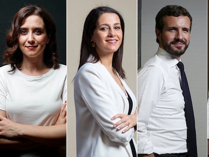 Desde la izquierda, Isabel Díaz-Ayuso (PP), Inés Arrimadas (Cs), Pablo Casado (PP) e Ignacio Aguado (Cs).