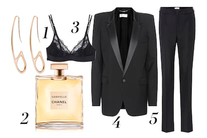 1. Pendientes de Hermes (c.p.v.). 2. Perfume Gabrielle de Chanel (78,40 euros). 3. Sujetador de encaje negro de Intimissimi (c.p.v). 4. Americana de Saint Laurent (2,590 euros) diponible en mytheresa.com. 5. Pantalones de esmoquin de Saint Laurent (590 euros) diponible en mytheresa.com