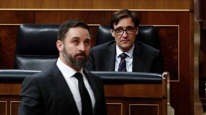 El líder de Vox, Santiago Abascal, durante el pleno celebrado el pasado miércoles en el Congreso de los Diputados en Madrid. 