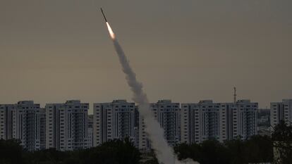 FILE - Israel's Iron Dome anti-missile system fires to intercept a rocket launched from the Gaza Strip towards Israel, near Ashkelon, Israel, Thursday, May 11, 2023. (AP Photo/Ariel Schalit, File)