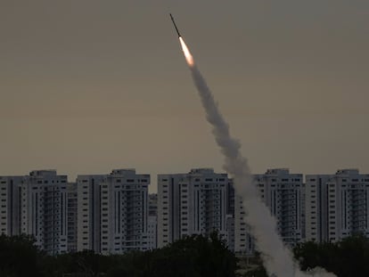 FILE - Israel's Iron Dome anti-missile system fires to intercept a rocket launched from the Gaza Strip towards Israel, near Ashkelon, Israel, Thursday, May 11, 2023. (AP Photo/Ariel Schalit, File)