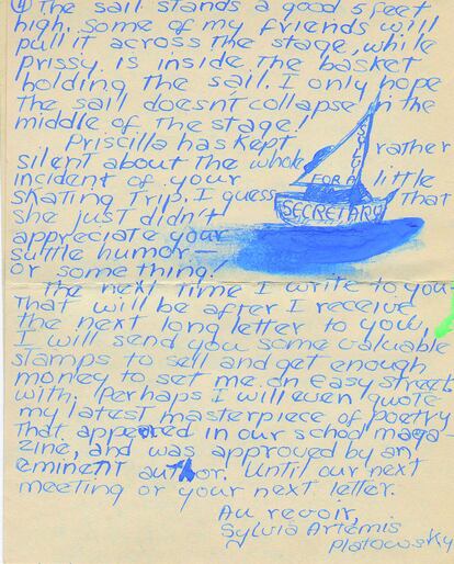 Carta de Sylvia Plath con el dibujo de un barco en el que escribe "Sylvia, secretaria". Cortesía de los herederos de Margot Loungway.