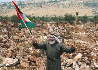 Un habitante de Cisjordania ondea un bandera palestina en un campo a punto de ser atravesado por el muro.
