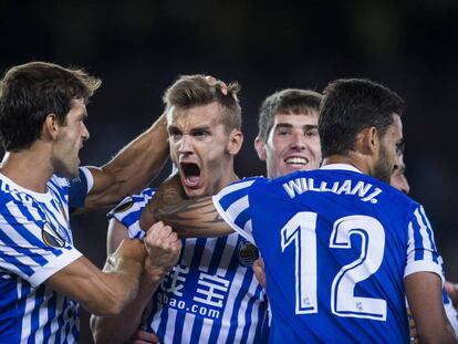 Diego Llorente festeja su gol frente al Rosenborg BK.