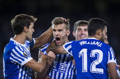 Diego Llorente festeja su gol frente al Rosenborg BK.