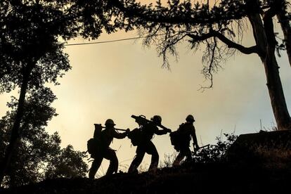 Un retén de bomberos caminan en línea durante el incendio forestal en Bobcat en Los Ángeles, California (EE UU). Los incendios registrados en California han quemado ya cerca de 1,3 millones de hectáreas de sus bosques, una superficie equivalente a casi todo el territorio de Puerto Rico.