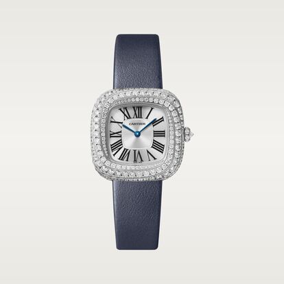 El reloj Coussin de Cartier es un regalo para toda la vida, que pasará de generación en generación. La corona es de oro blanco engastada con 166 diamantes talla brillante. (c.p.v.)