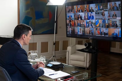 Pedro Sánchez speaks to Spain’s regional leaders on Sunday.