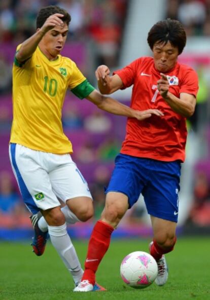 Oscar y Kim Bok-Yung forcejean por un balón.