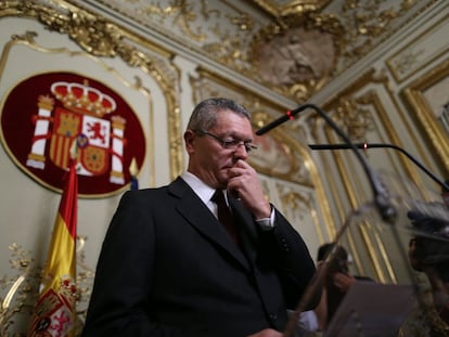 Alberto Ruiz-Gallardón, el 23 de septiembre de 2014, durante la rueda de prensa ofrecida en el Ministerio de Justicia para anunciar su dimisión como ministro y su abandono de la política.