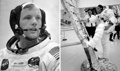 Neil Armstrong, comandante de la nave espacial Apolo 11, en declaraciones a un técnico durante un entrenamiento en el Centro Espacial Kennedy, en Cabo Cañaveral, Florida. A la derecha, en un ejercicio un día antes del lanzamiento de la nave.