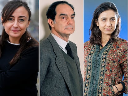 Desde la izquierda, Elvira Navarro, Italo Calvino, Ottessa Moshfegh y Fernando Aramburu, autores que publican (o que se recuerdan) este año que comienza.