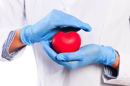 Doctor hand in sterile gloves holding heart  isolated on white background