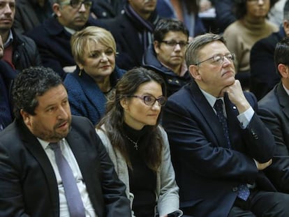 El presidente de la Generalitat, Ximo Puig, durante la presentaci&oacute;n, en el Palau, del Fondo de Cooperaci&oacute;n Municipal. 