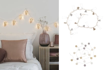En la imagen: Guirnalda luminosa de 10 LEDS con hojas (7,99 €), Guirnalda luminosa de 12 LEDS con peces de metal y perlas (7,45 €) y KRAFT – Guirnalda luminosa de 20 LEDS de algodón (5,99 €). Todo. de Maisons du Monde.