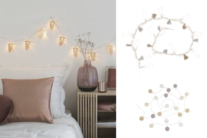 En la imagen: Guirnalda luminosa de 10 LEDS con hojas (7,99 €), Guirnalda luminosa de 12 LEDS con peces de metal y perlas (7,45 €) y KRAFT – Guirnalda luminosa de 20 LEDS de algodón (5,99 €). Todo. de Maisons du Monde.