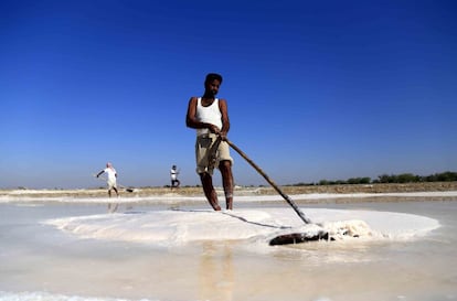 Un obrero indio trabaja en una salina en las afueras del distrito de Nagaur (India).