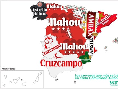 The most-drunk beers in each autonomous region of Spain (no data for Canary Islands or Ceuta and Melilla).