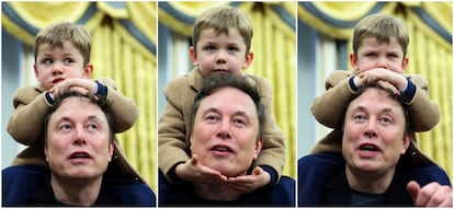 Elon Musk, atendiendo a preguntas de los periodistas en la Casa Blanca con su hijo a hombros.