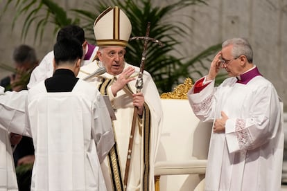 Pope Francis celebrates the Chrism Mass where the chrism, the oil of the catechumens and the oil of the sick are consecrated, and all the priests renew the promises made on the day of their ordination, inside St. Peter's Basilica, at the Vatican, Thursday, April 6, 2023.