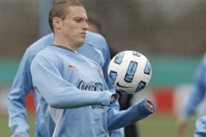 Diego Pérez, en el último entrenamiento de Uruguay.