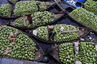 Unos trabajadores de Bangladesh esperan a descargar sandías en un muelle de Dhaka.