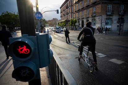 Un ciclista espera en el paso de cebra de un carril bici de Murcia, este lunes.