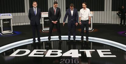 Rajoy, S&aacute;nchez, Rivera e Iglesias, el lunes durante el debate a cuatro.