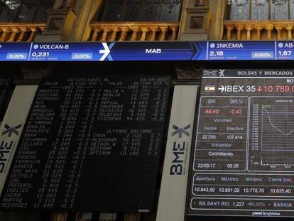 Panel informativo del Ibex 35 en la Bolsa de Madrid.
