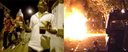 El <i>botellón</i> de Pozuelo de Alarcón (izquierda) acabó en una revuelta con incendios de contenedores y coches.