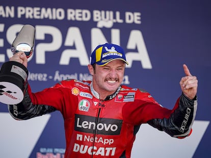 El piloto australiano de MotoGP Jack Miller en el podio del GP de España, este domingo.