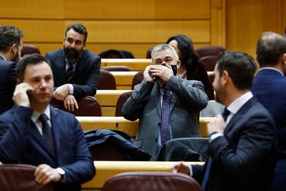 El secretario de Organización del PSOE, Santos Cerdán, en el centro y con mascarilla, hablaba por teléfono el miércoles, en el Senado.