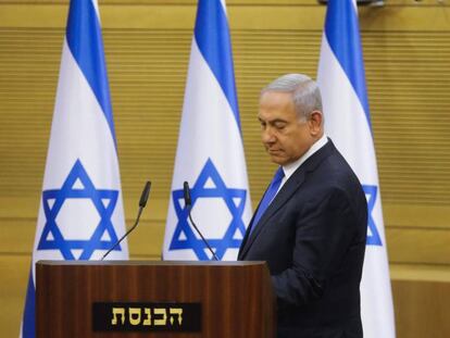 O primeiro-ministro israelense, Benjamín Netanyahu, na segunda-feira na Kneset ( Parlamento).
