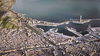 Recreación del proyecto de Hesperia y Al Alfia en Málaga, con la torre al fondo a la derecha