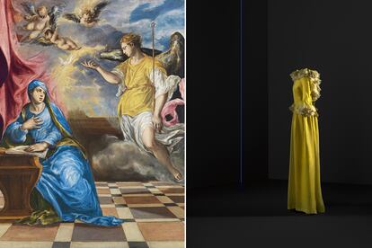 Balenciaga revisaba constantemente la historia del arte, recuerda el comisario de la exposición. Eso se notaba en sus hechuras y en sus tonos. Por ejemplo, en la exposición el color del traje del ángel de esta Anunciación de hacia 1576 se enfrenta al del vestido de noche amarillo de organza de seda de la colección parisina de Dominique Sirop.