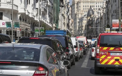 A traffic jam on Madrid's Gran Vía.