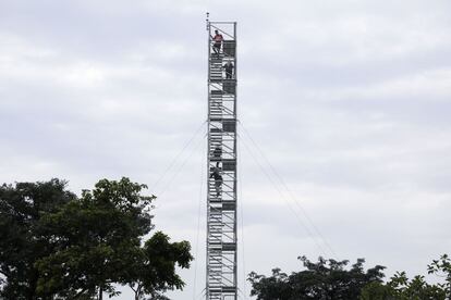 Un grupo de turistas suben a la torre de vigilancia del Forest Skywalk en Kuala Lumpur (Malasia).