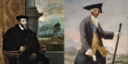 Dos de los retratos usados en el estudio. A la izquierda, el de un taciturno Carlos V sentado, obra de Tiziano. A la derecha, el Carlos III, cazador, pintado sonriente por Goya.