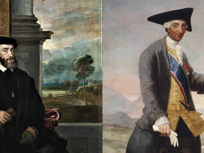 Dos de los retratos usados en el estudio. A la izquierda, el de un taciturno Carlos V sentado, obra de Tiziano. A la derecha, el Carlos III, cazador, pintado sonriente por Goya.