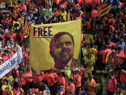 Una pancarta por la libertad de Oriol Junqueras, en la Diada.