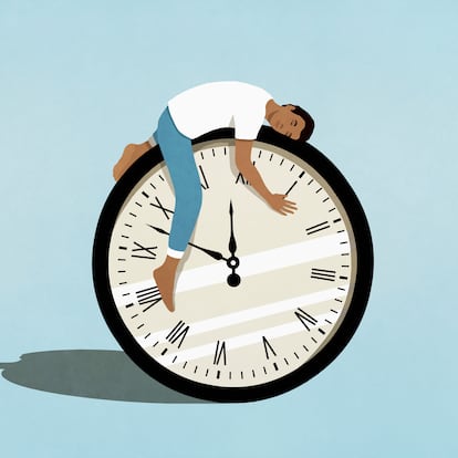 Man sleeping on top of clock