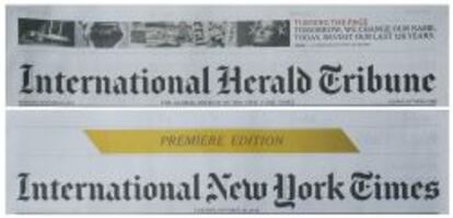 Combo de dos im&aacute;genes donde se ve cabecera de la &uacute;ltima edici&oacute;n de The International Herald Tribune (IHT) (arriba) impresa el 14 octubre de 2013 y la primera edici&oacute;n del peri&oacute;dico Internacional New York Times (abajo) este, martes 15 de octubre de 2013, en Bangkok (Tailandia). 