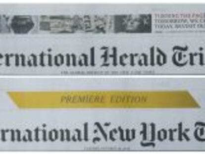 Combo de dos im&aacute;genes donde se ve cabecera de la &uacute;ltima edici&oacute;n de The International Herald Tribune (IHT) (arriba) impresa el 14 octubre de 2013 y la primera edici&oacute;n del peri&oacute;dico Internacional New York Times (abajo) este, martes 15 de octubre de 2013, en Bangkok (Tailandia). 