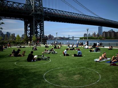 Círculos en la hierba del Domino Park, en los terrenos de una antigua azucarera en Brooklyn.