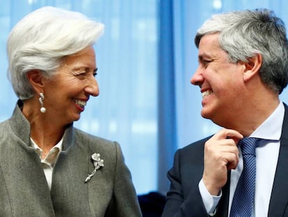 La presidenta del BCE, Christine Lagarde, y el presidente del Eurogrupo, Mário Centeno, en febrero en Bruselas.