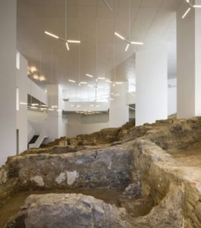 A view of the interior of Ceuta's new public library, where medieval city walls have been preserved.