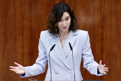 La presidenta de la Comunidad de Madrid, Isabel Díaz Ayuso, este jueves en la Asamblea de Madrid.
