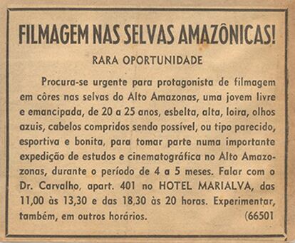 Reprodução 'Experiência nº4: Filmagem nas selvas amazônicas!', obra de Flavio de Carvalho de 1958: anúncio publicado em jornal não identificado, parte do Acervo Centro de Documentação Alexandre Eulálio – Universidade Estadual de Campinas