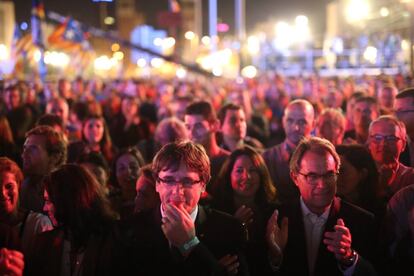 Acto unitario del independentismo en Montjuic, con la presencia de Carles Puigdemont y Oriol Junqueras, en Barcelona. 