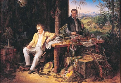 Humboldt y Bonpland, en su cabaña de la selva, según la recreación del pintor austriaco Eduard Ender. Al científico nunca le gustó por inexacta, pero se ha convertido en su imagen más famosa.